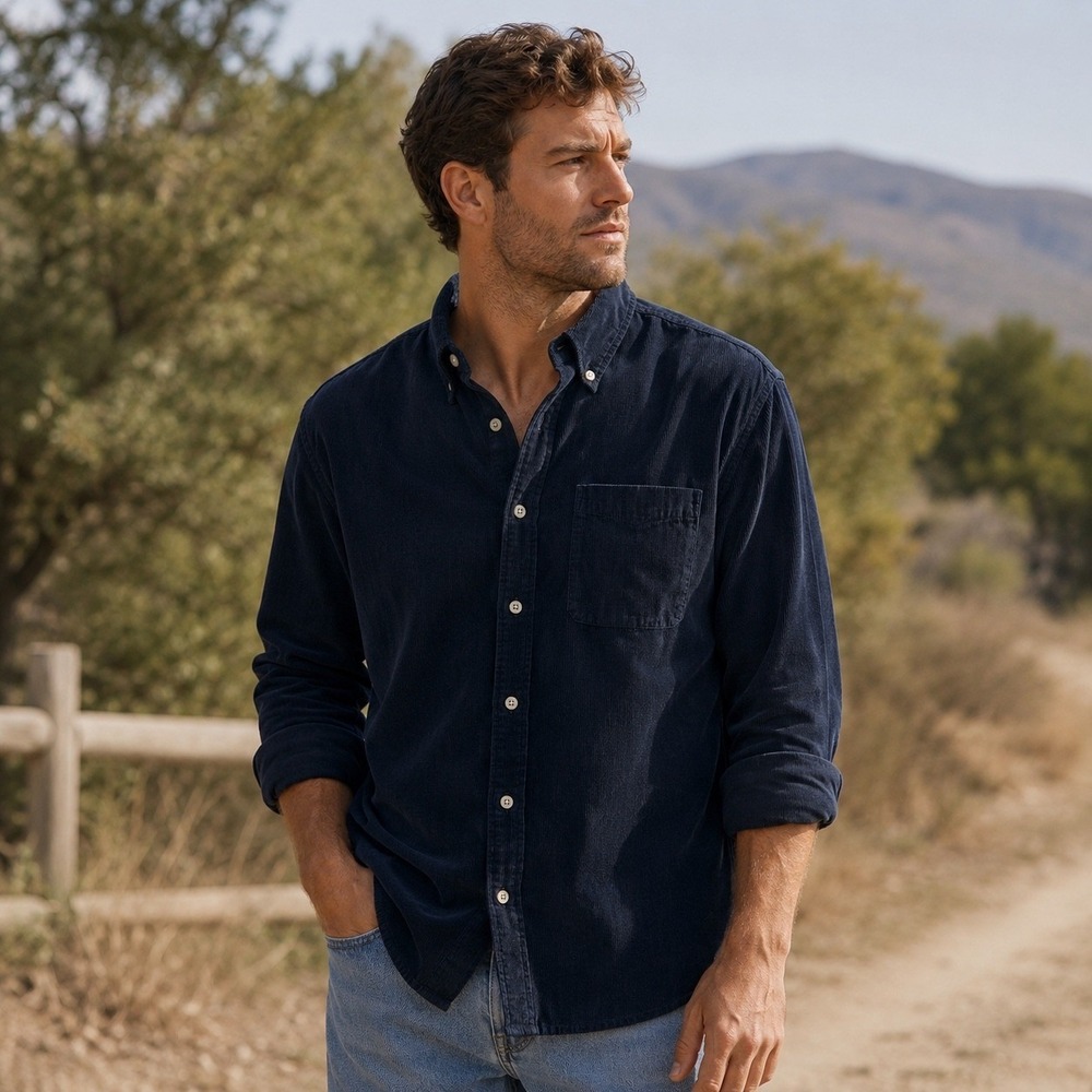 Lands End Mens Navy Blue Corduroy Button Down Shirt Long Sleeve Size M 15-15.5‎